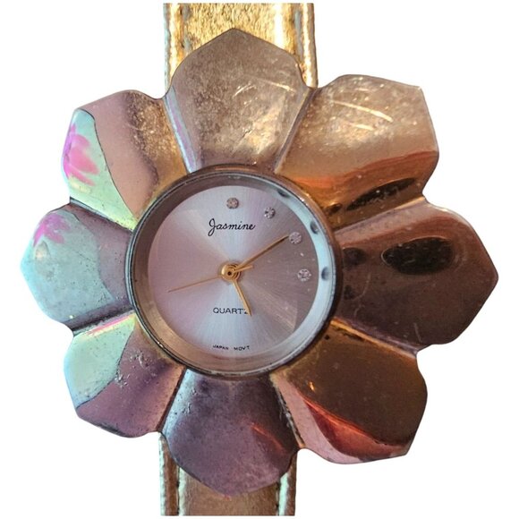 Jasmine Quartz Flower Watch Vintage Genuine Leather Band Gold 8" UNTESTED - Picture 2 of 8